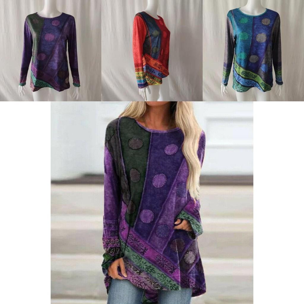 Dámské Hippie Boho Topy s Dlouhým Rukávem ve Velkých Velikostech z Měkkého Materiálu s Květinovým Vzorem