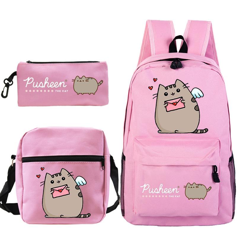 Pusheen fette Katze niedlicher Cartoon bedruckter Schulranzen grenzüberschreitende Studenten tragbare Umhängetasche Federmäppchen dreiteiliges Set