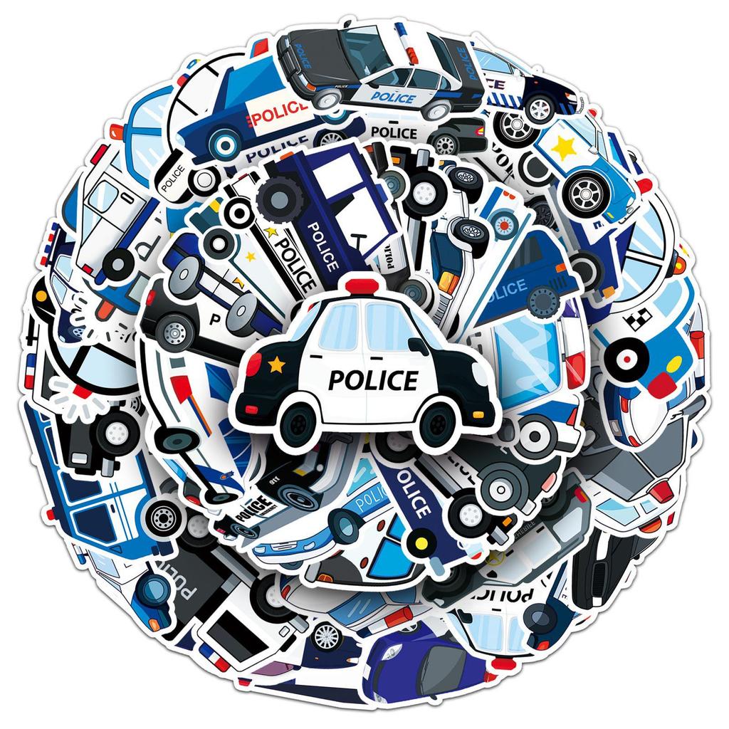 50PCS Police Car Graffiti Stickers - Cartoon Kids' DIY Skateboard & Water Bottle Decals (Waterproof)
