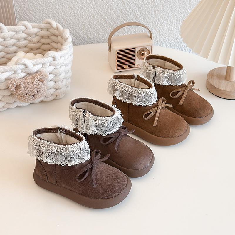 Mädchen Kurzstiefel im koreanischen Stil mit Fleecefutter und Schleife - 2025 Herbst/Winter Prinzessin Baumwollschuhe für Kinder