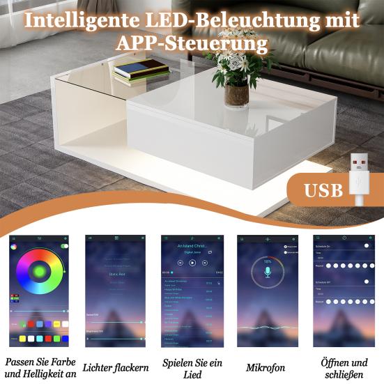 Couchtisch Hochglanz Glas Mitteltisch mit Schublade Öffnungsregal Einfache Montage Rechteckform LED Teetisch Zuhause