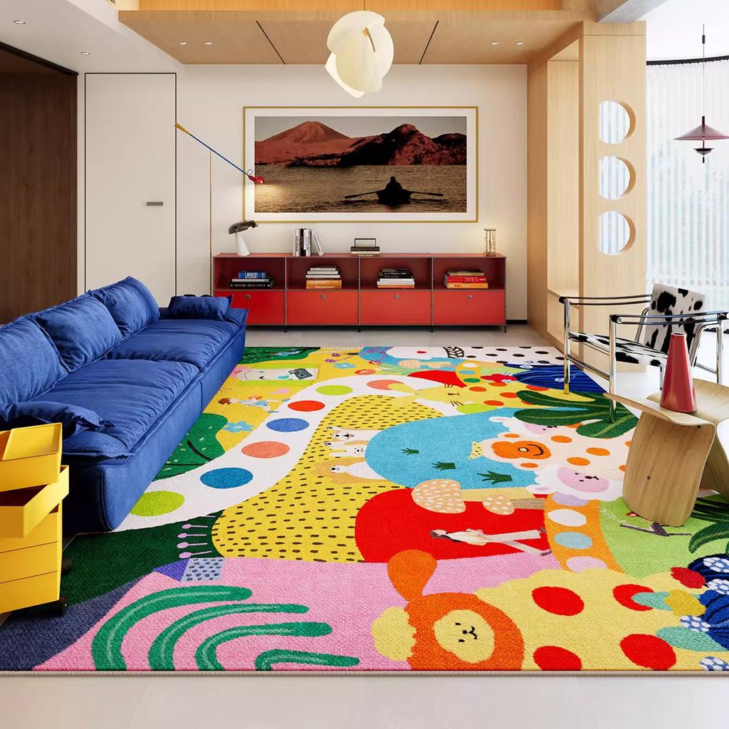 Large Area Carpet for Living Room Soft Short Plush Floor Mats Color Blocking Cartoon Bedroom Bedside Rug Home Decoration