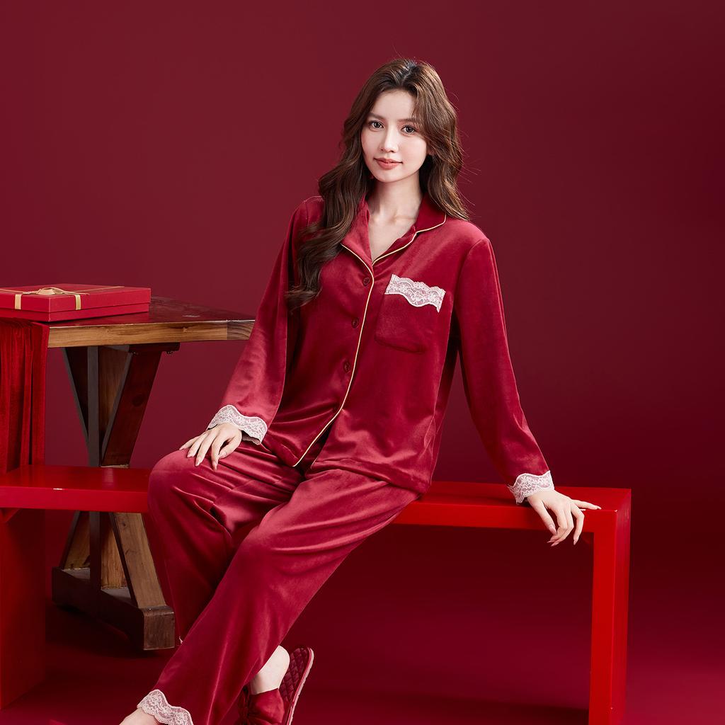 Wedding pajamas newlywed couple suit women's autumn and winter red island fleece warm flannel men's loungewear