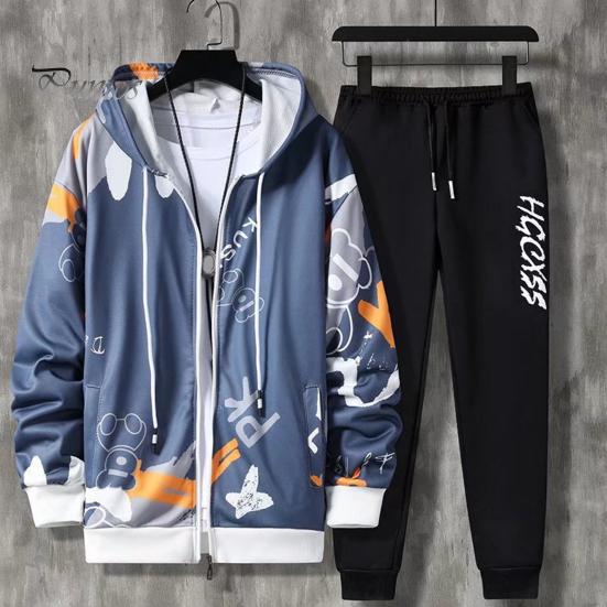 2 Pcs/Set Men Coat Pants Suit Hooded Letter Print Drawstring Zipper Closure Loose Elastic Waist Hip Hop Ankle-banded Men Sportwear