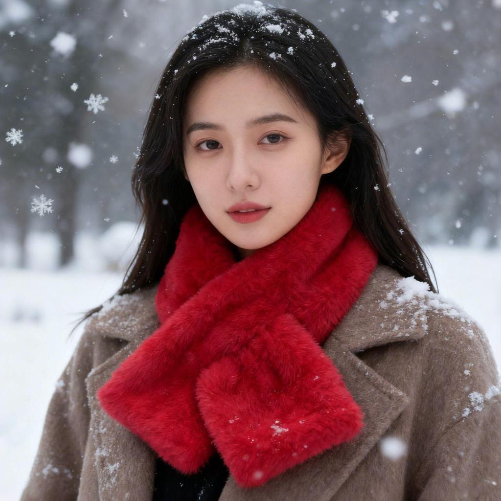Korean Women's Plush Winter Scarf, High-Grade Pure Color, Thick and Warm Imitation Rabbit Fur Neck Wrap