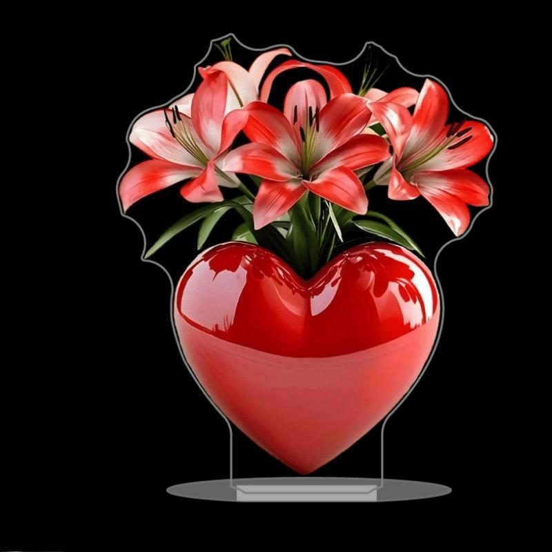 2D plochá akrylová jednodílná červená váza ve tvaru srdce, Dekorace pro vnitřní i venkovní použití - Nevyžaduje baterie/elektřinu, Dekorace obchodu, Odolná venkovní