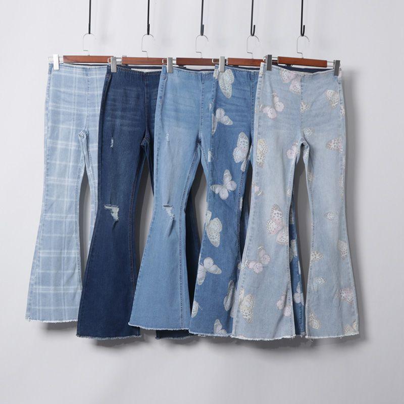 

Retro High Waist Slim Slimming Stretch Hip Lift Jeans Light blue Butterfly Print(Y31-3) XL