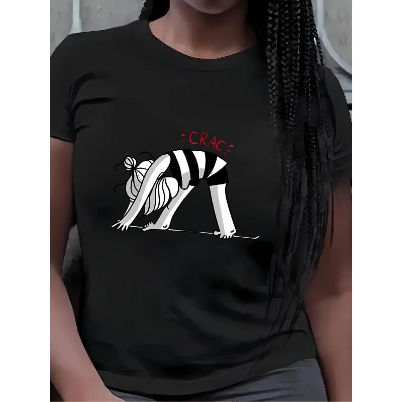 

Women Cartoon Bending Figure CRAC Letter Print Casual Round Neck Short Sleeve T-Shirt 4XL чорний