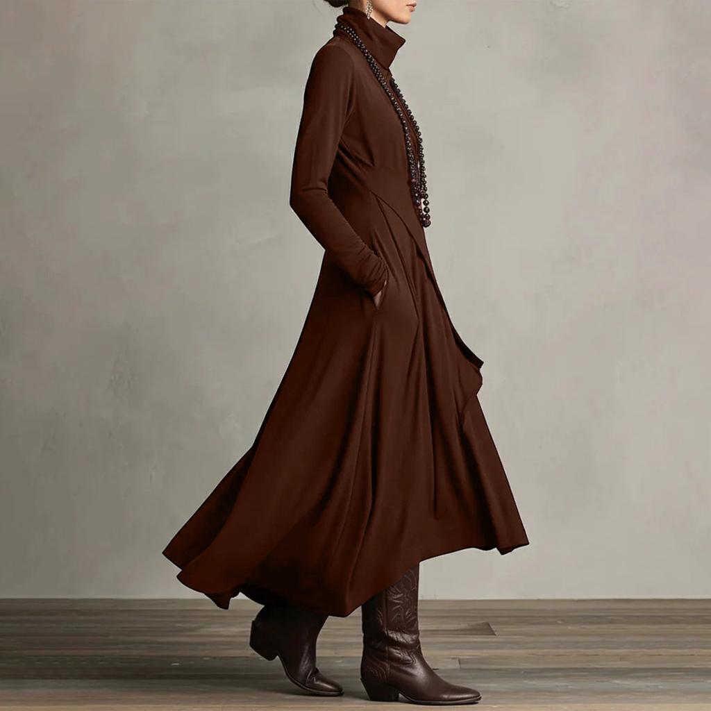 Women’s Long Sleeve Turtleneck Maxi Dress Asymmetric Hem Layered Ruffle Design A Line Fit Soft Fabric Elegant Style