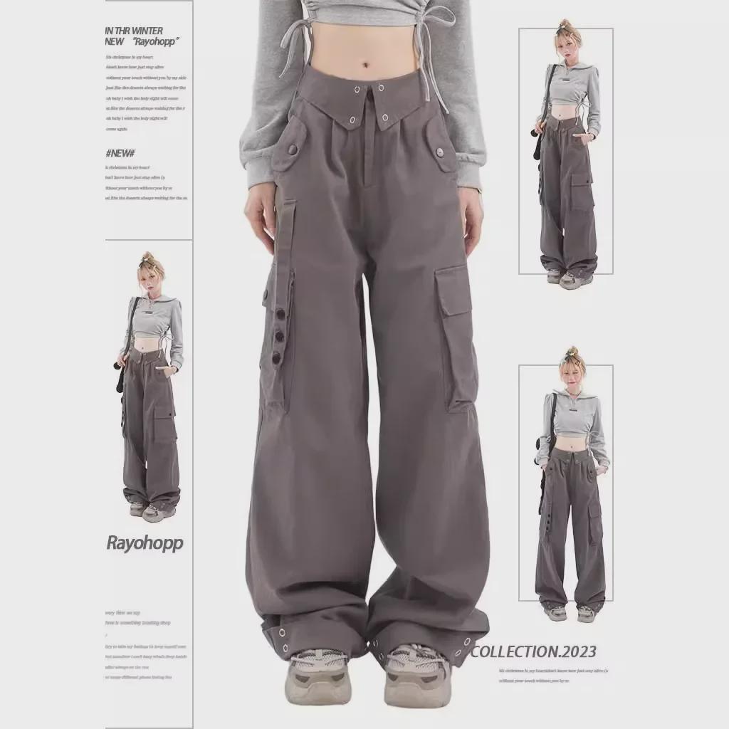 2024 Hong Kong-Style High-Waisted Slim Retro Overalls with Cuffed Design - Loose Fit Straight Pants for Spring and Fall
