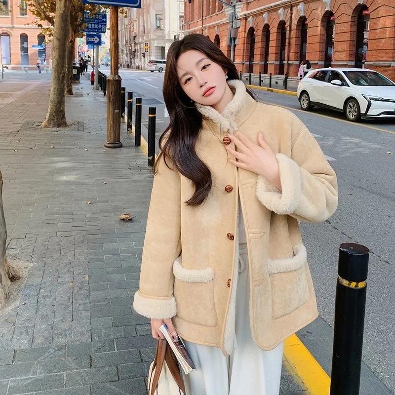 

2025 Retro Fashion Petite Women s Velvet-Lined Jacket - Warm Lapel Design for Autumn/Winter XL хаки