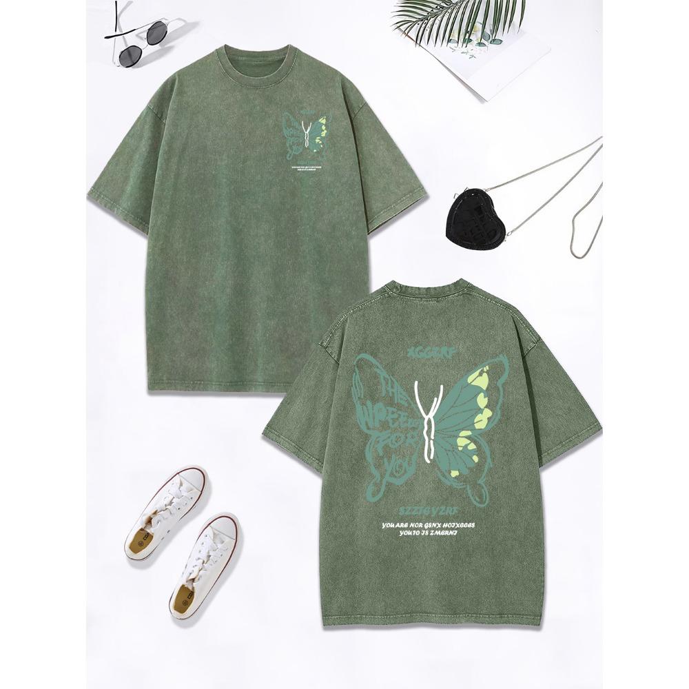 Personality Hollow Out Butterfly Prints Washed T-Shirts Women Cotton Oversized Tops Distressed T Shirt Summer Clothes