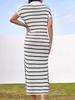 Women's Striped Knit Maxi Dress V Neck Collar Short Sleeve High Slit Beach Dress Plus Size