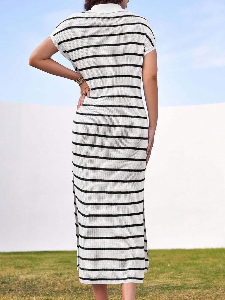 Women's Striped Knit Maxi Dress V Neck Collar Short Sleeve High Slit Beach Dress Plus Size