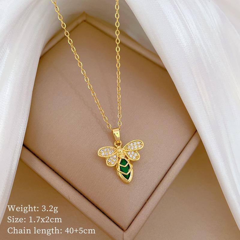 Green Bee Light Luxury Temperament Gorgeous Full Diamond Necklace Female Versatile Collarbone Chain Titanium Steel Chain