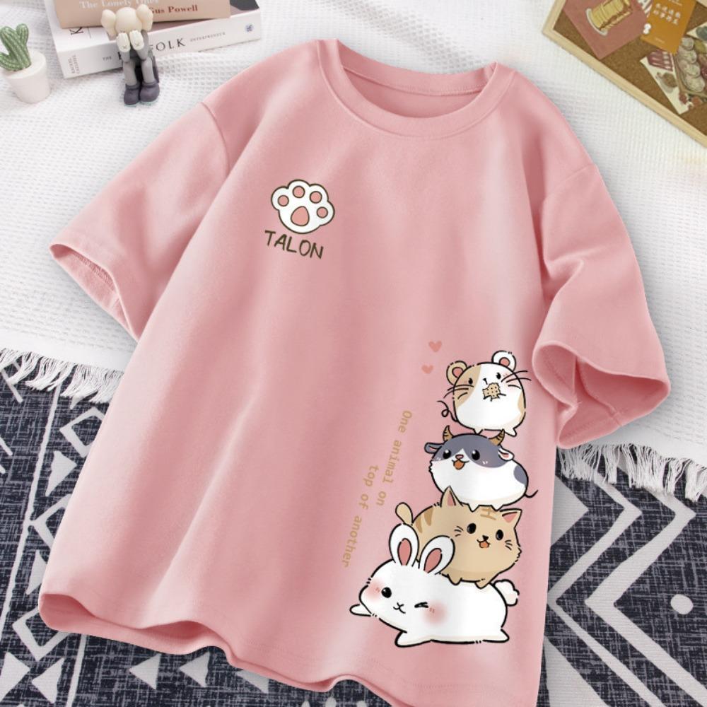Summer Trendy Simple Cat Printed Short-sleeved T-shirt for Ladies and Boys Same Loose Casual Large-size Top