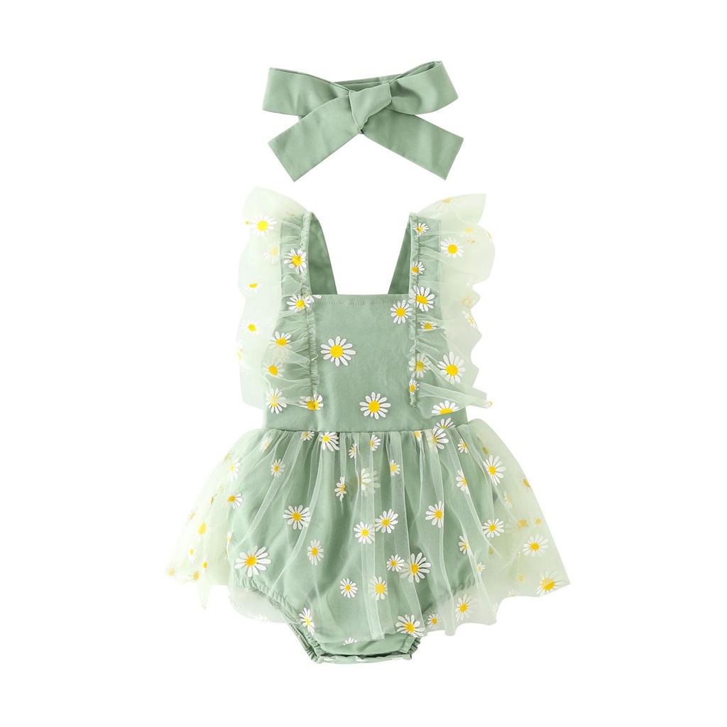 Baby Girl Tutu Dress Outfit - Long Sleeve Romper With Ruffle Skirt, Daisy Print, 95% Cotton