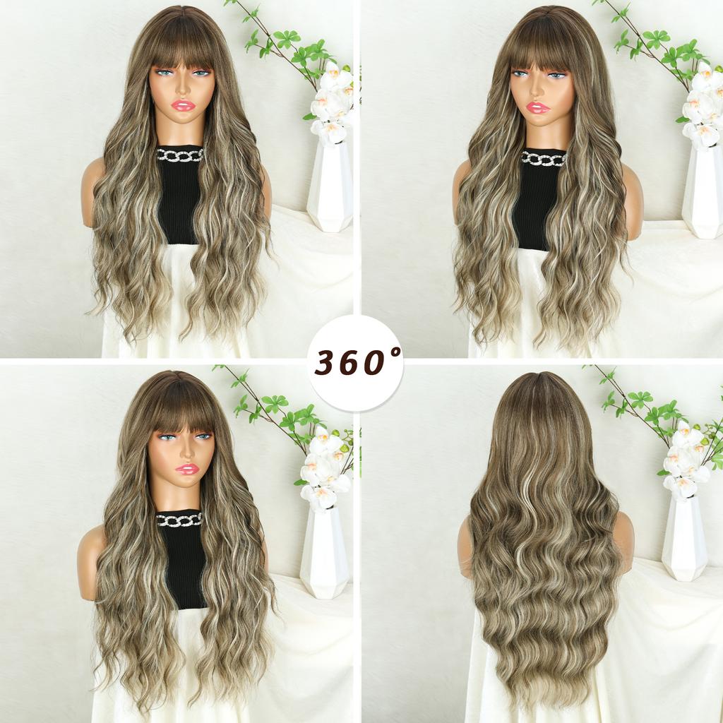 XINRAN Synthetic Long Natural Wave Wigs With Bangs Wigs Hair Heat Resistant Fiber For Women Daily Cosplay