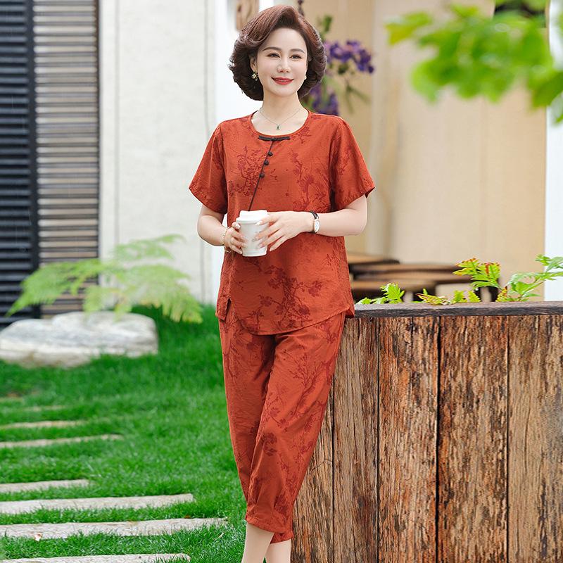 Petite Mom's Ice Silk Printed Summer Set for Middle-Aged Women