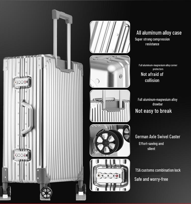 Aluminum-Magnesium Alloy Suitcase with Aluminum Frame, Universal Wheels, Combination Lock - 24" Carry-On for Students & Men's Business Travel.