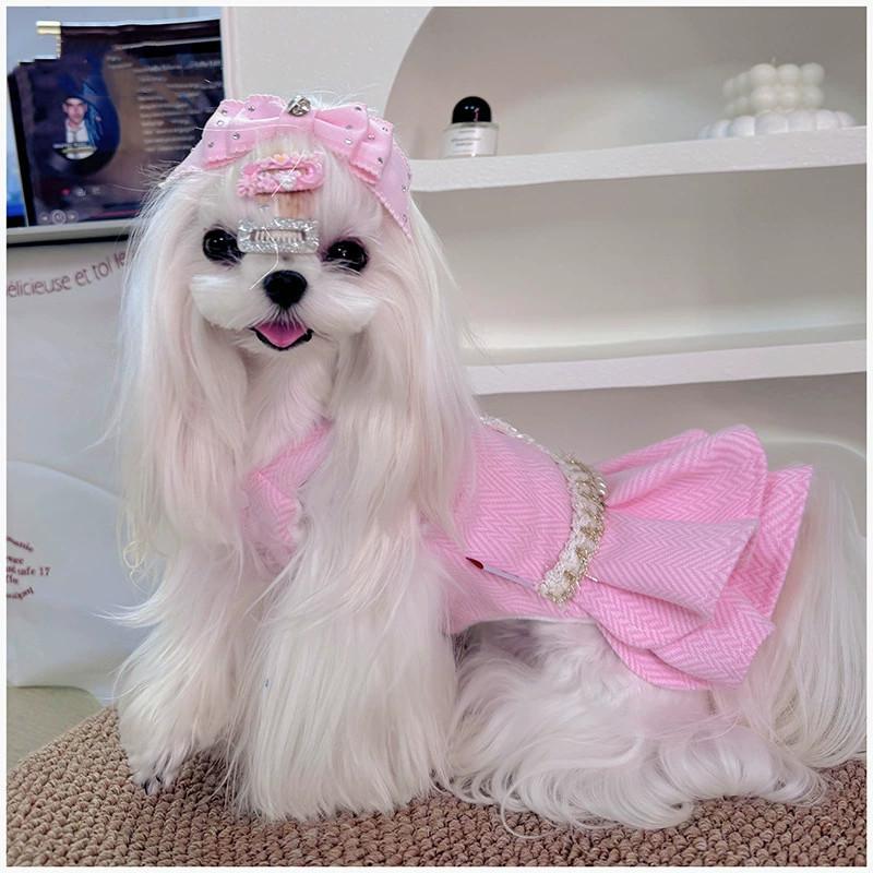 Girly Pink Puppy Dress Camellia Pearl Chain Lace Trim Princess Bow Headband Warm Pet Clothes Chihuahua Small Dogs Winter Outfit