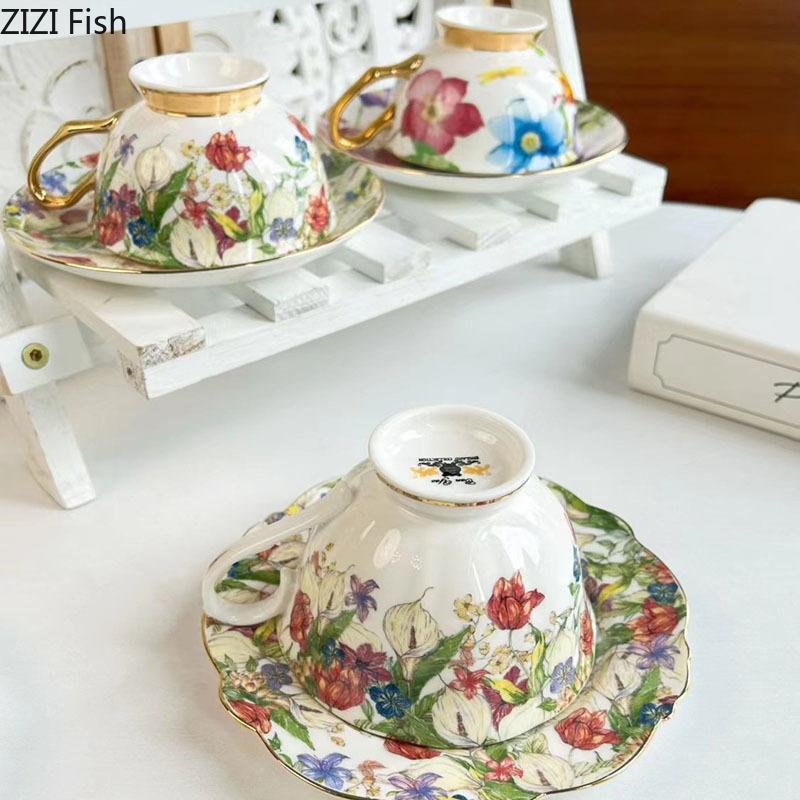 Brilliant Flowers Pattern Ceramic Cup&saucer Gold-plated Coffee Mug Dining Table Milk Mugs Afternoon Tea Teacup Fruits Juice Cup