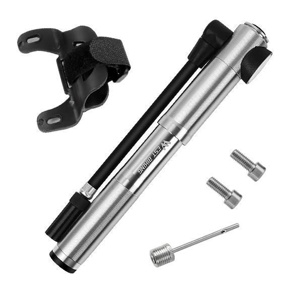 WEST BIKING Road Bike Pump 300 PSI Cycling Mini Pump Tire Inflator With Air Hose Pressure Gauge Aluminum Alloy MTB Fork Pump Silver 300PSI