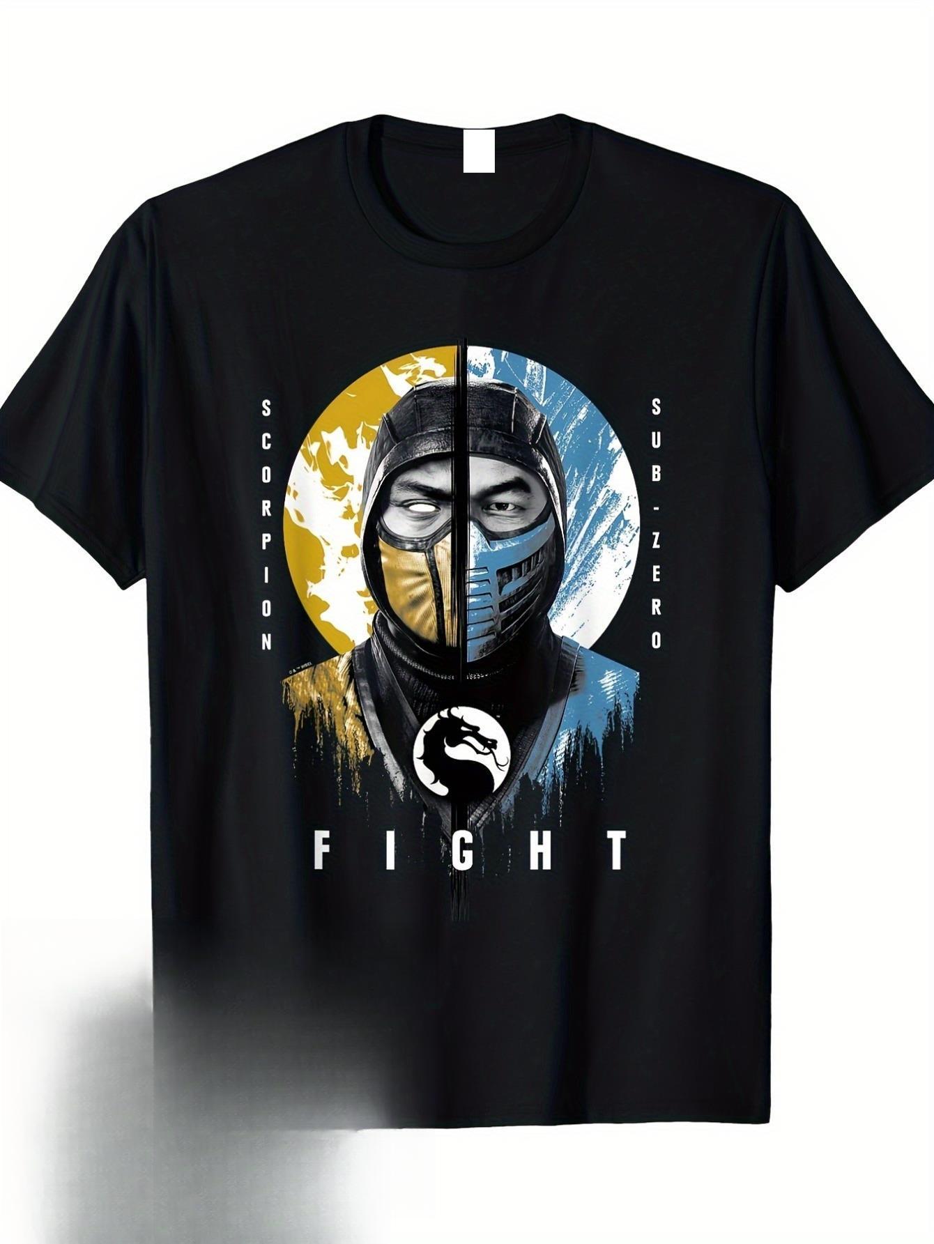 Men S Scorpion Vs Sub-Zero Graphic Tee - Black Casual Fight Portrait Shirt Featuring Artistic Design XXL