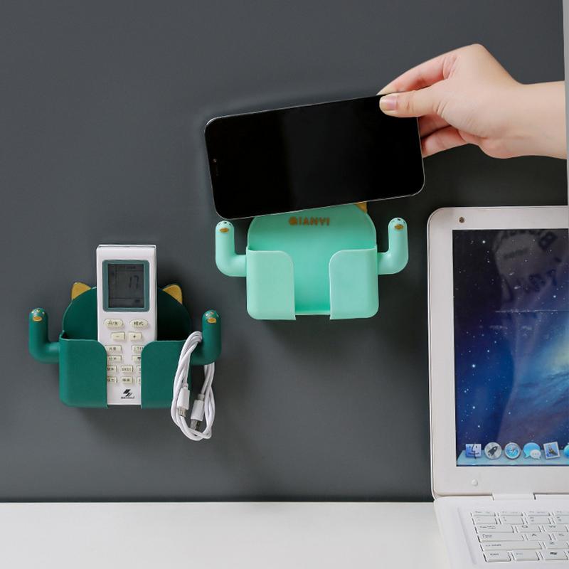 Punch-free Mobile Phone Holder Wall Mount Stand with Hooks Remote Control Organizer Storage Box Charging Bedside Container Rack