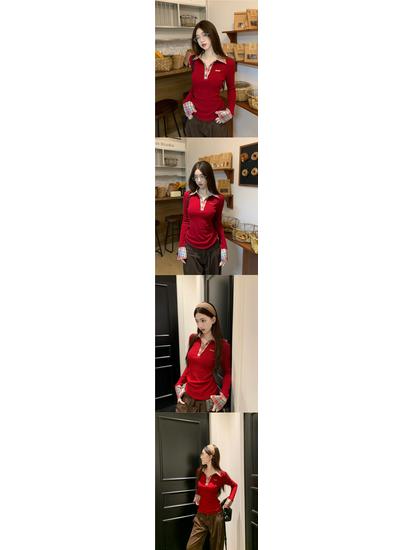 2025 Women's Autumn Two-Piece Plaid Polo Collar Long Sleeve T-Shirt