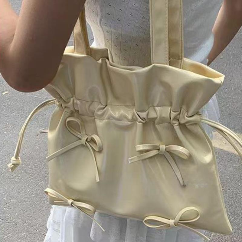 Korean Niche Designer Style Pleated Drawstring Bucket Bag Tote Bag Sweet Bowknot Handheld Underarm Shoulder Bag