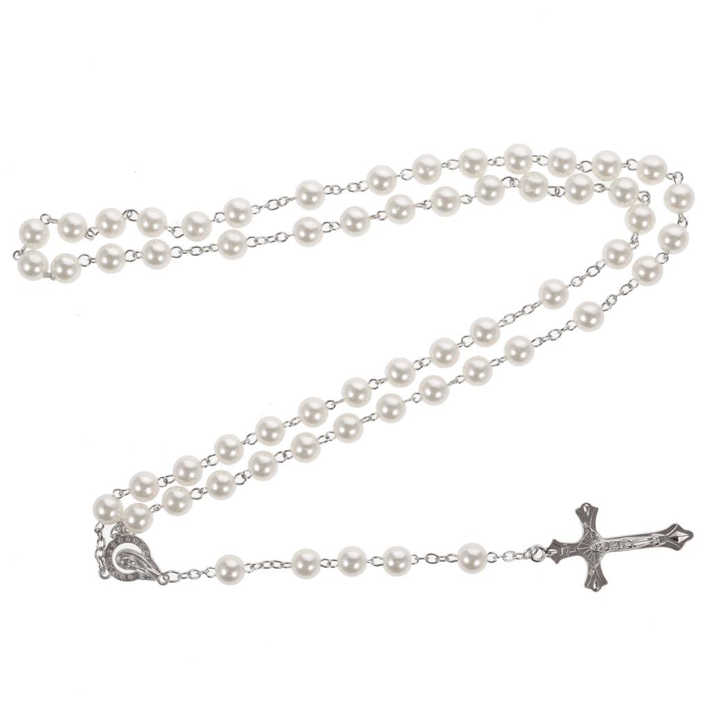 Pearl Necklace Catholic Cross Rosary Beaded Chains Women Pink Female Prayer Aesthetic Fashion Jewelries Accessories