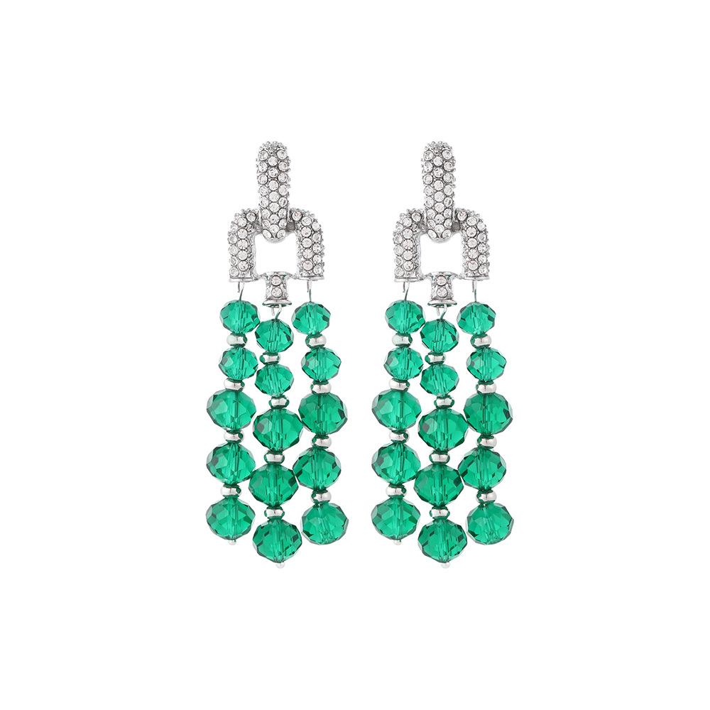 Flash Diamond Exaggerated High-End Retro Style Earrings, Green Crystal Beaded Tassel Long Light Luxury Earrings.