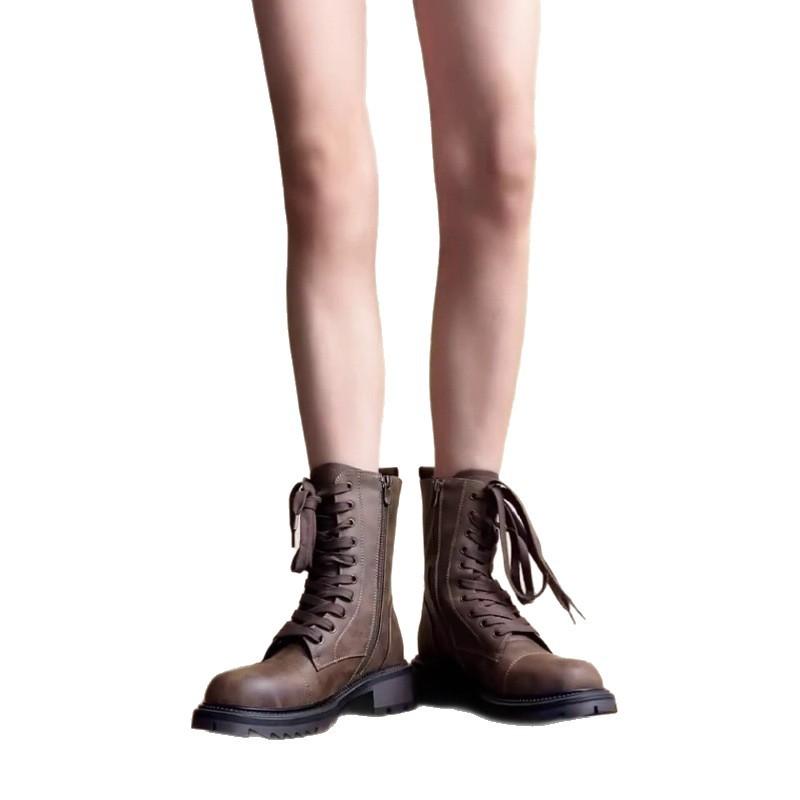 Sheepskin Retro Thick Heel Lace-up Medium Motorcycle Boots Women's Leather High-end Boots Niche Design Thick-soled Martin Boots