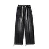 Elastic Waist Drawstring Grinding White Retro Jeans Men's Hong Kong Style Loose Straight Street Wide-leg Pants