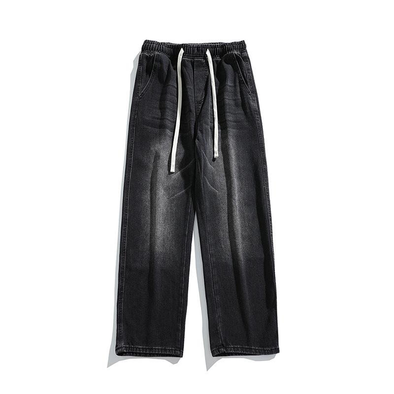 Elastic Waist Drawstring Grinding White Retro Jeans Men's Hong Kong Style Loose Straight Street Wide-leg Pants