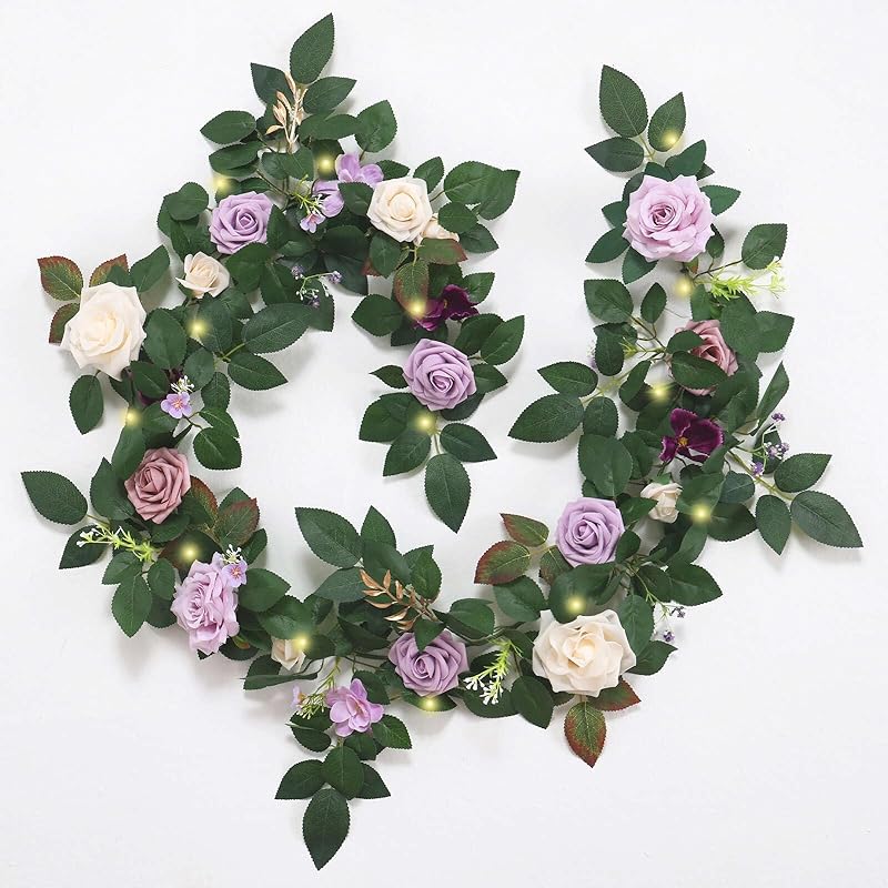 6 Ft Flower Garland with Lights, Artificial Eucalyptus Garland with Rose Flowers, MYXUANFA Flower Vine for Wedding Arch Table Centerpiece Room Decor