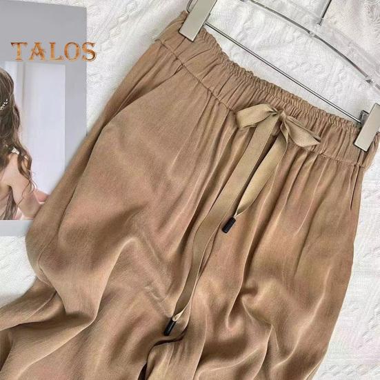 Women Casual Pants Elastic Waist Adjustable Drawstring Straight Wide Leg Trousers with Pockets Solid Color Loose Fit Long Pants