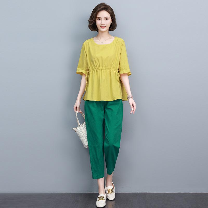 

Модный хлопково-льняной повседневный костюм-двойка для мамы 2025: Летний стиль с коротким рукавом для женщин среднего возраста Large