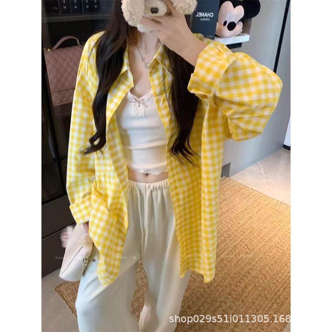 Корейская шикарная желтая клетчатая рубашка с защитой от солнца, свободная, повседневная, для женщин XXL жёлтый