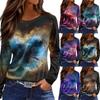 Women's Fashion Casual Slit Hem Round Neck Long Sleeve Loose Printed T-Shirt Ladies Top