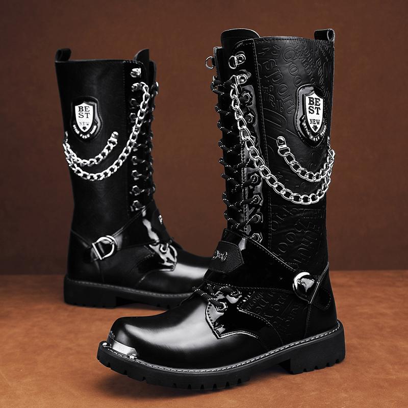 

Модные мотоциклетные ботинки из искусственной кожи, однотонные, устойчивые к ударам, с завязками на носке, с боковой молнией, с цепочкой, с высокими мужскими ботинками 46