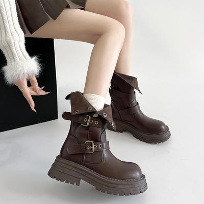 Bruine retro laarsjes met dikke hak en dikke zool voor dames, 2025 nieuw voorjaar en herfst, Britse stijl, slank en verhogend, middelhoge laarsjes