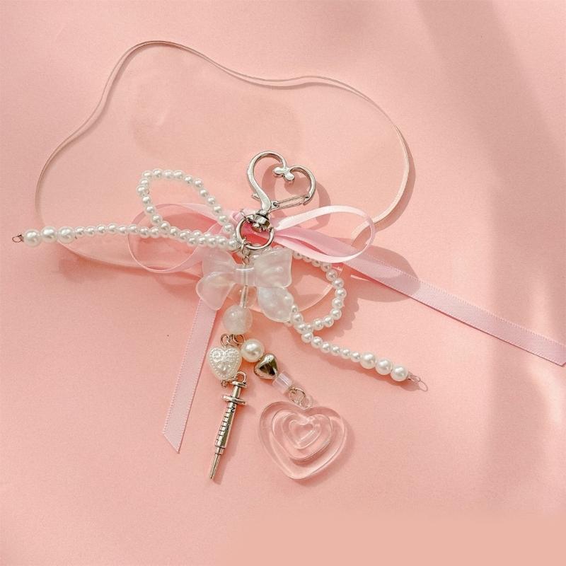 Fashionable Faux Pearls Bowtie Charm Stylish Bowknot Ribbon Keychain Bag Ornament Jewelry for Purses and Accessories