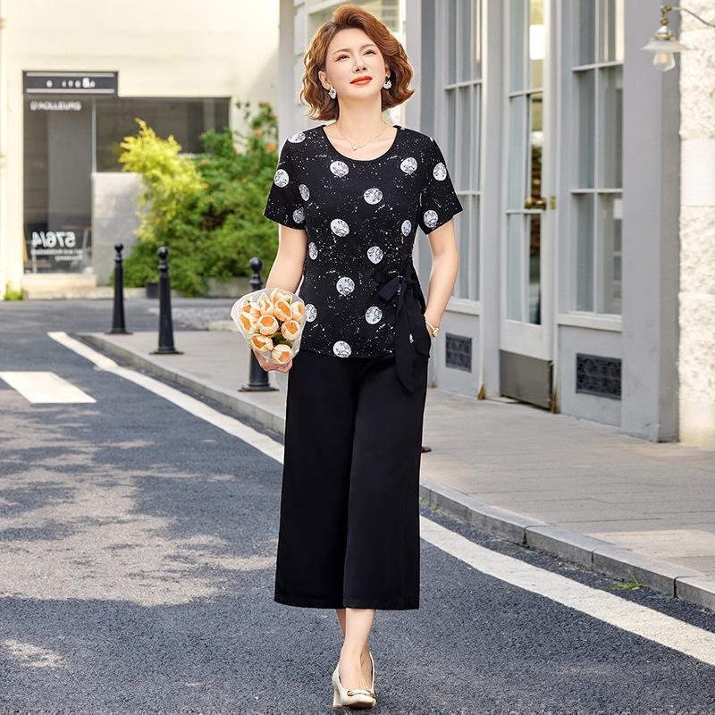 

2026 Summer Polka Dot Short Sleeve Two-Piece Set for Middle-Aged and Elderly Women 2XL чорний