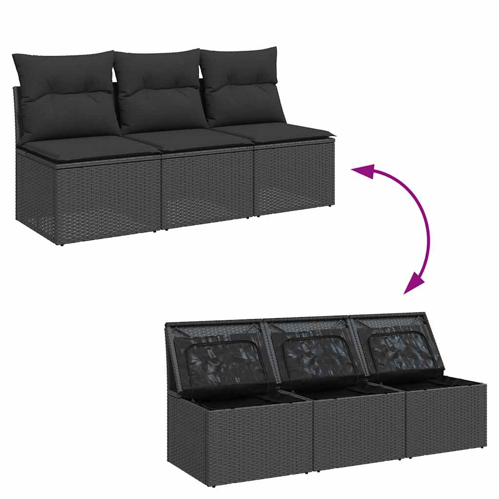 Garden Sofa with Cushions 3 Seater Black Poly Rattan