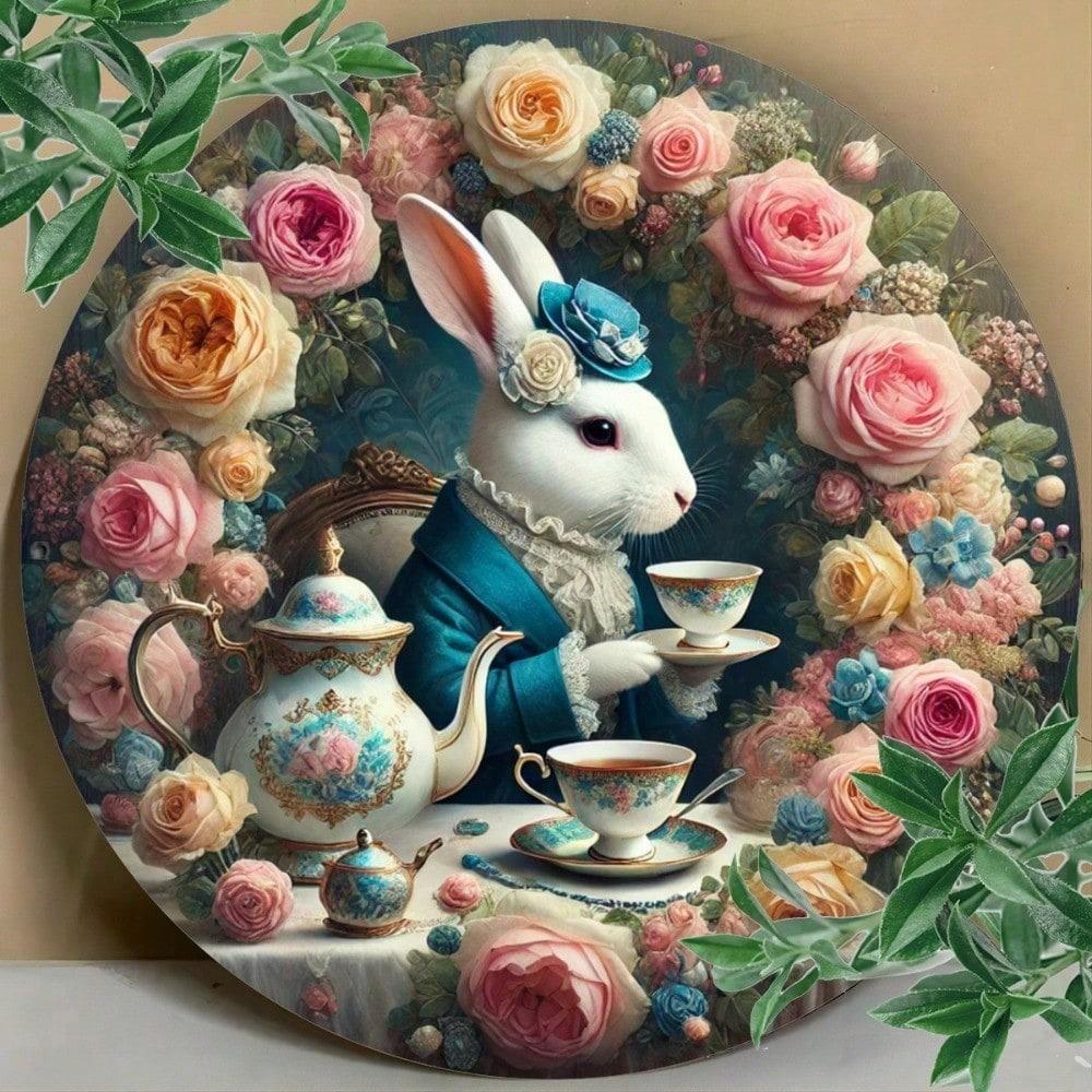 

Vintage Rabbit Tea Time Metal Sign, Rustic Round Tin Plate Wall Art Decor for Kitchen Cafe Garden 8x8 Inch 20x20 різнокольоровий