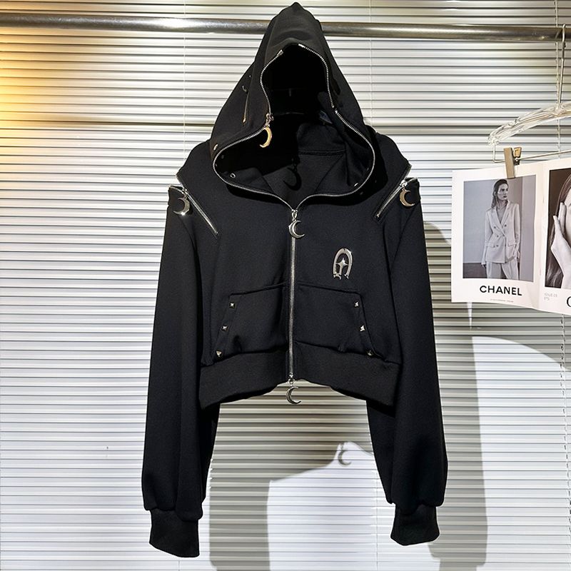 

Cool Handsome Wear Dark Style Sexy Hoodie Coat Female Fall and Winter New Arrival Moon Zipper off-Shoulder Loose Tops Black Outwear M