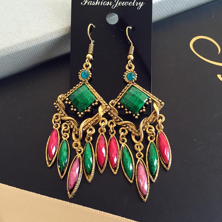 Vintage court gem set earrings long temperament bohemian earrings niche earrings women