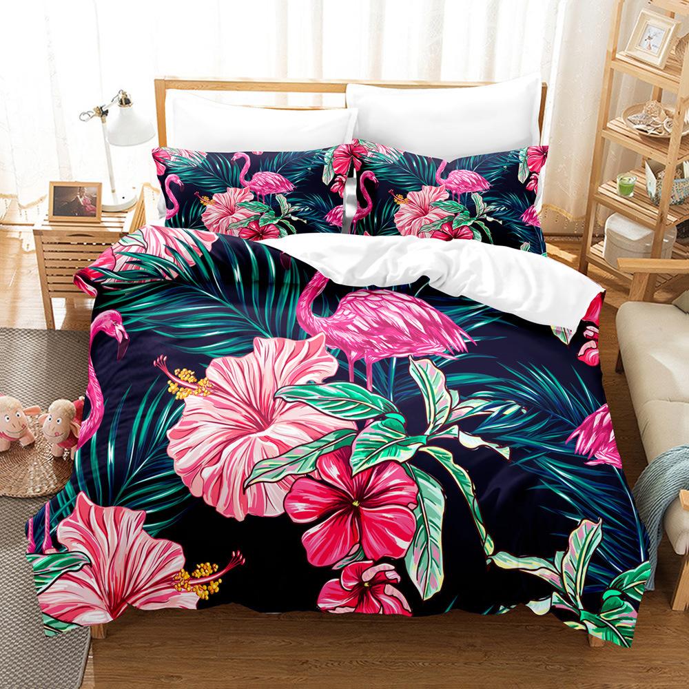Pink Flamingo Duvet Cover Set Green Leaves Floral Animal Print Bedding Sets For Kids Girls Tropical Pattern Design Bedroom Decor